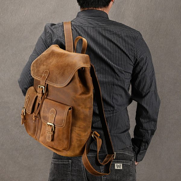 Casual Retro Crazy Horse Leather Travel Backpack - Image 7
