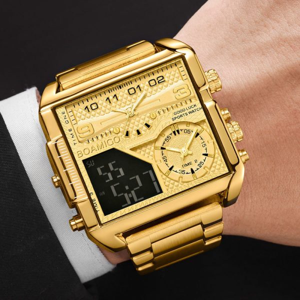 BOAMIGO New Top Brand Luxury Fashion Men Watches Gold Stainless Steel Sport Square Digital Analog Big Quartz Watch for Men - Image 5