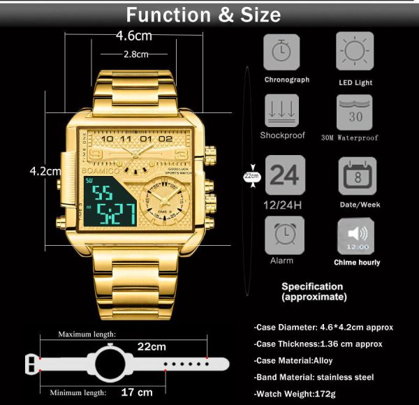 BOAMIGO New Top Brand Luxury Fashion Men Watches Gold Stainless Steel Sport Square Digital Analog Big Quartz Watch for Men - Image 2