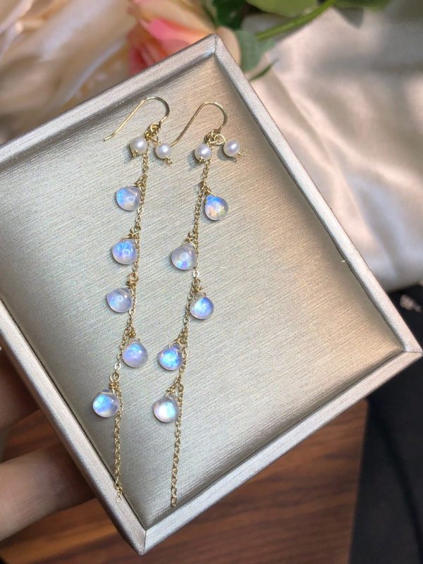 Moonlight Stone Wrapped Vintage Tassel 14k Earrings - Image 3