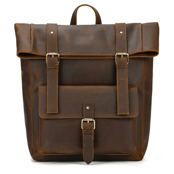 Retro Genuine Leather Backpack Men's Large-capacity Student First Layer Cowhide Travel - Image 9