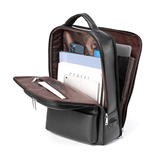 Business Fashion Men's Bag Multifunctional USB Large Capacity Leather Backpack - Image 3