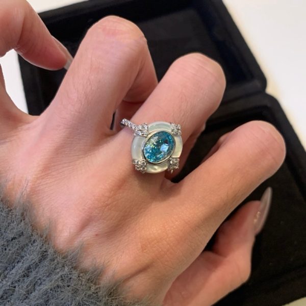 S925 Sterling Silver Aquamarine Oval White Shell Ring Artistic Retro - Image 2