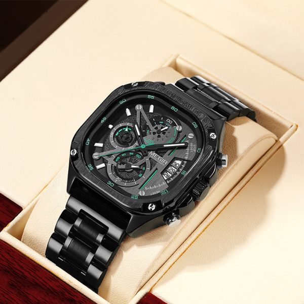 Men's Square Steel Strap Butterfly Buckle Luminous Waterproof Multi-function Watch - Image 2
