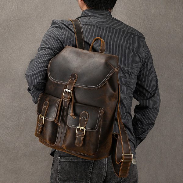 Casual Retro Crazy Horse Leather Travel Backpack - Image 6