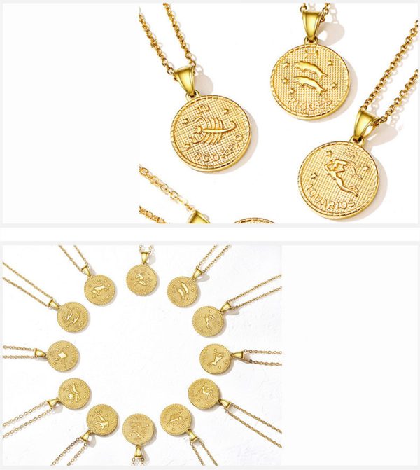 Zodiac sign gold coin engraved necklace - Image 3