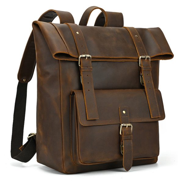 Retro Genuine Leather Backpack Men's Large-capacity Student First Layer Cowhide Travel - Image 10
