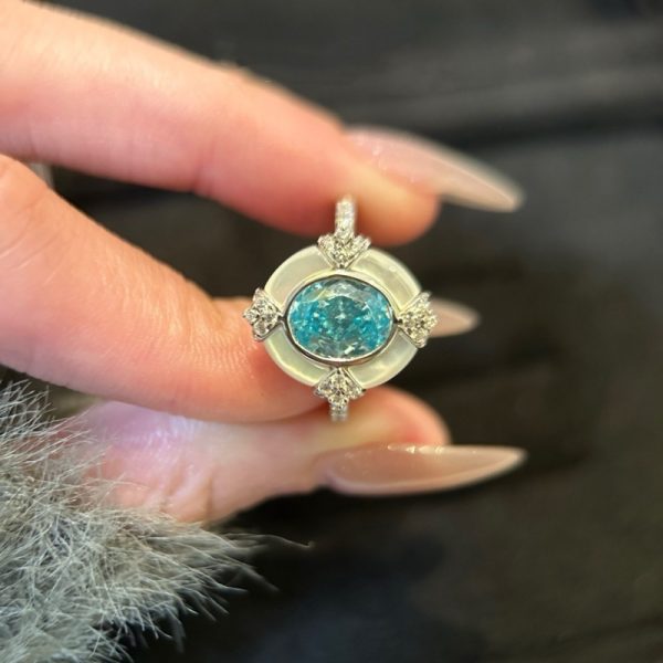S925 Sterling Silver Aquamarine Oval White Shell Ring Artistic Retro