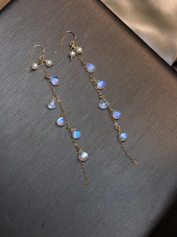 Moonlight Stone Wrapped Vintage Tassel 14k Earrings - Image 5