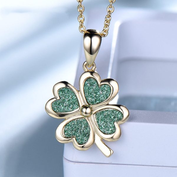 Sterling Silver Necklace Four Leaf Clover Necklace Green Love Flattened Folding Pendant Clavicle Chain Necklace - Image 7