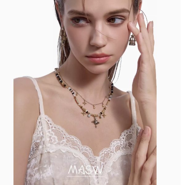 Nostalgic Series Trendy Cool Beaded Cross Necklace Neutral Double Layer New Sweater Chain - Image 2