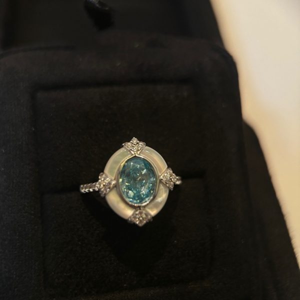 S925 Sterling Silver Aquamarine Oval White Shell Ring Artistic Retro - Image 3