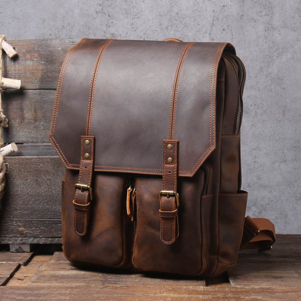 Men's Original Top Layer Cowhide Travel Leather Backpack - Image 9