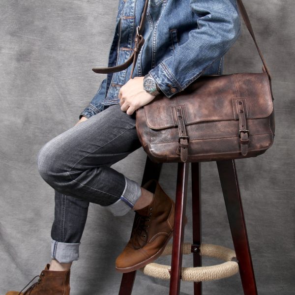 Retro Distressed First Layer Cowhide Shoulder Bag Messenger Bag - Image 3