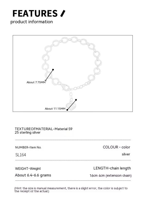 INS Niche Silver Buckle Sterling Silver S925 Heart Bracelet - Image 8