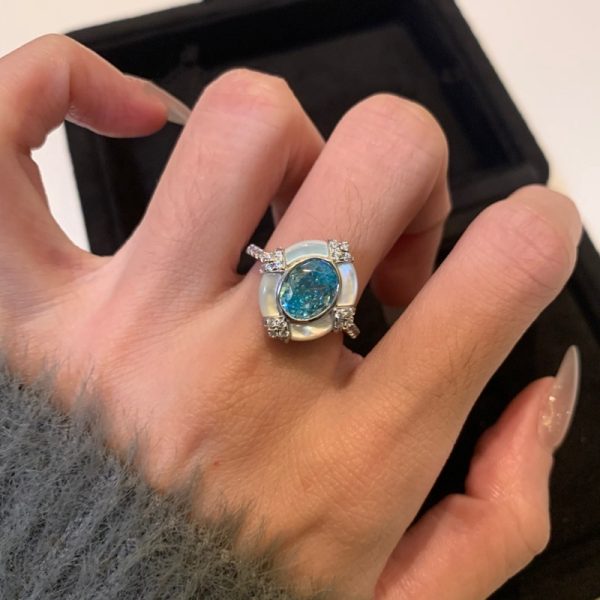 S925 Sterling Silver Aquamarine Oval White Shell Ring Artistic Retro - Image 4