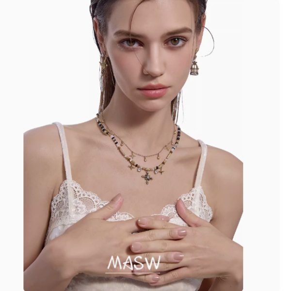 Nostalgic Series Trendy Cool Beaded Cross Necklace Neutral Double Layer New Sweater Chain - Image 3